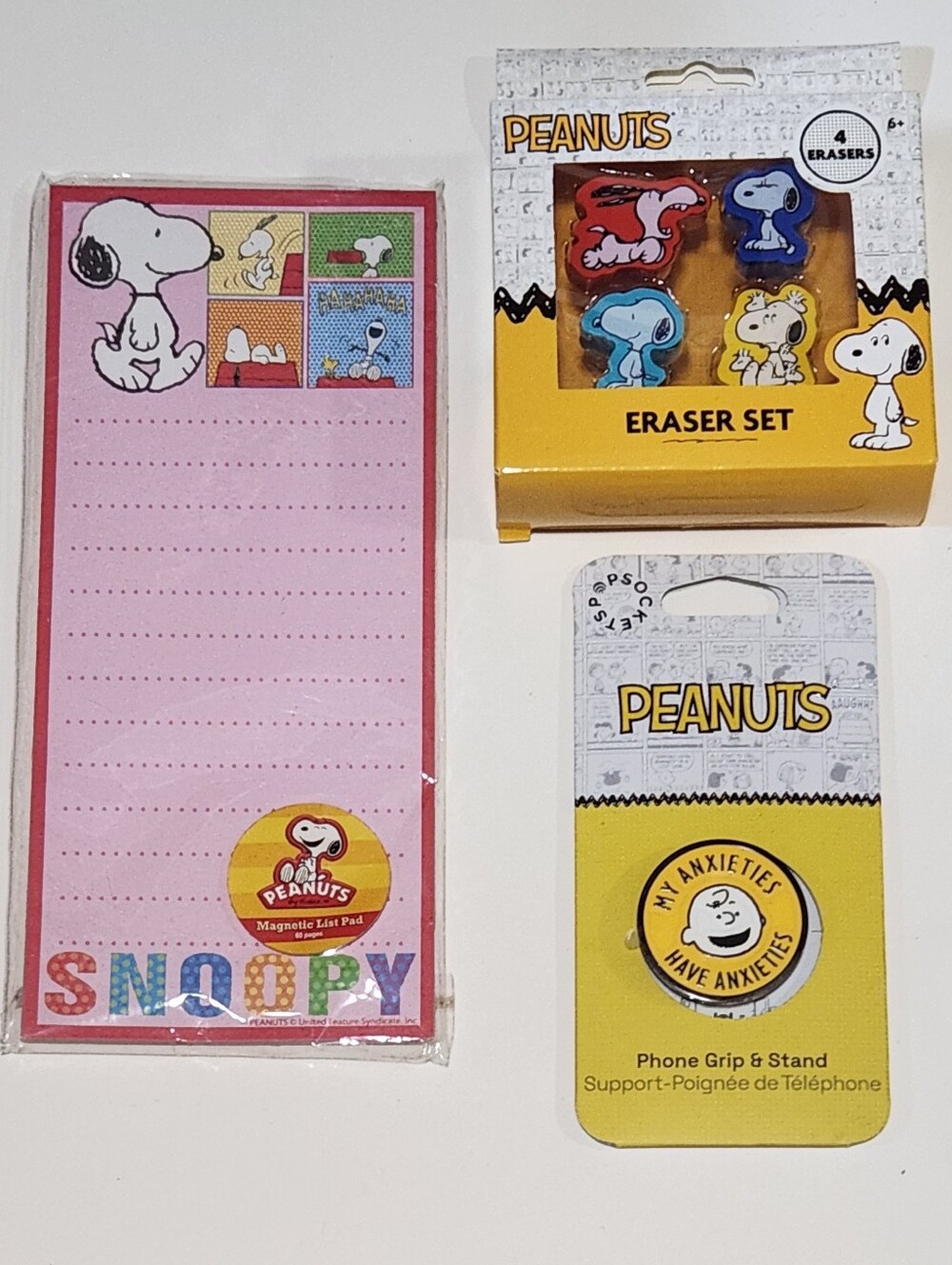 BUNDLE of Peanuts / Snoopy Pink Magnetic List Pad + Phone Grip + Eraser Set